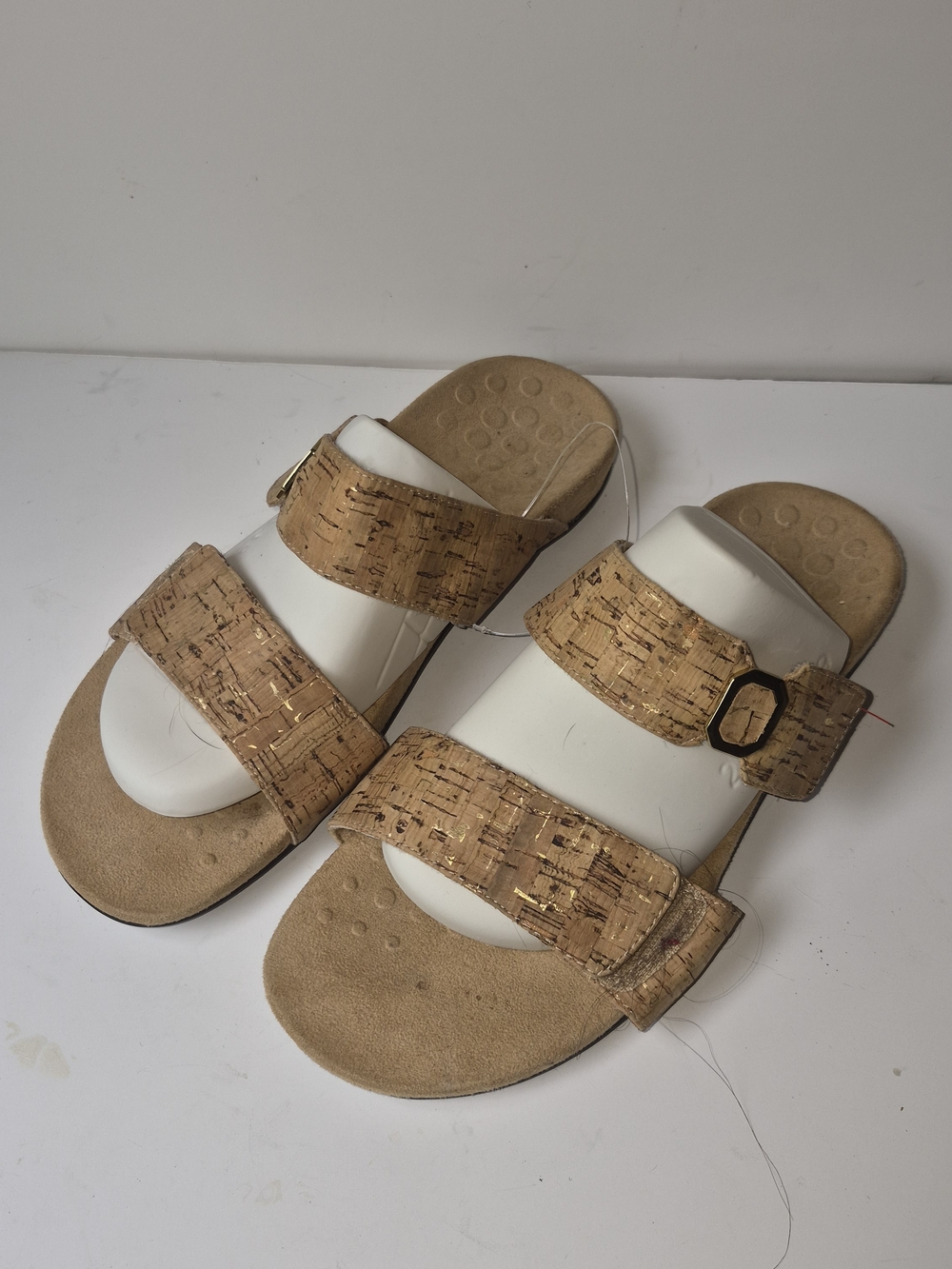 NEW Vionic Cork-Textured Tan Slide Sandals with Buckle Detail